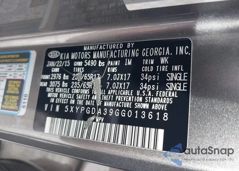 2016 Kia Sorento 2.4L Lx z USA, uszkodzony, nr VIN 5XYPGDA39GG013618